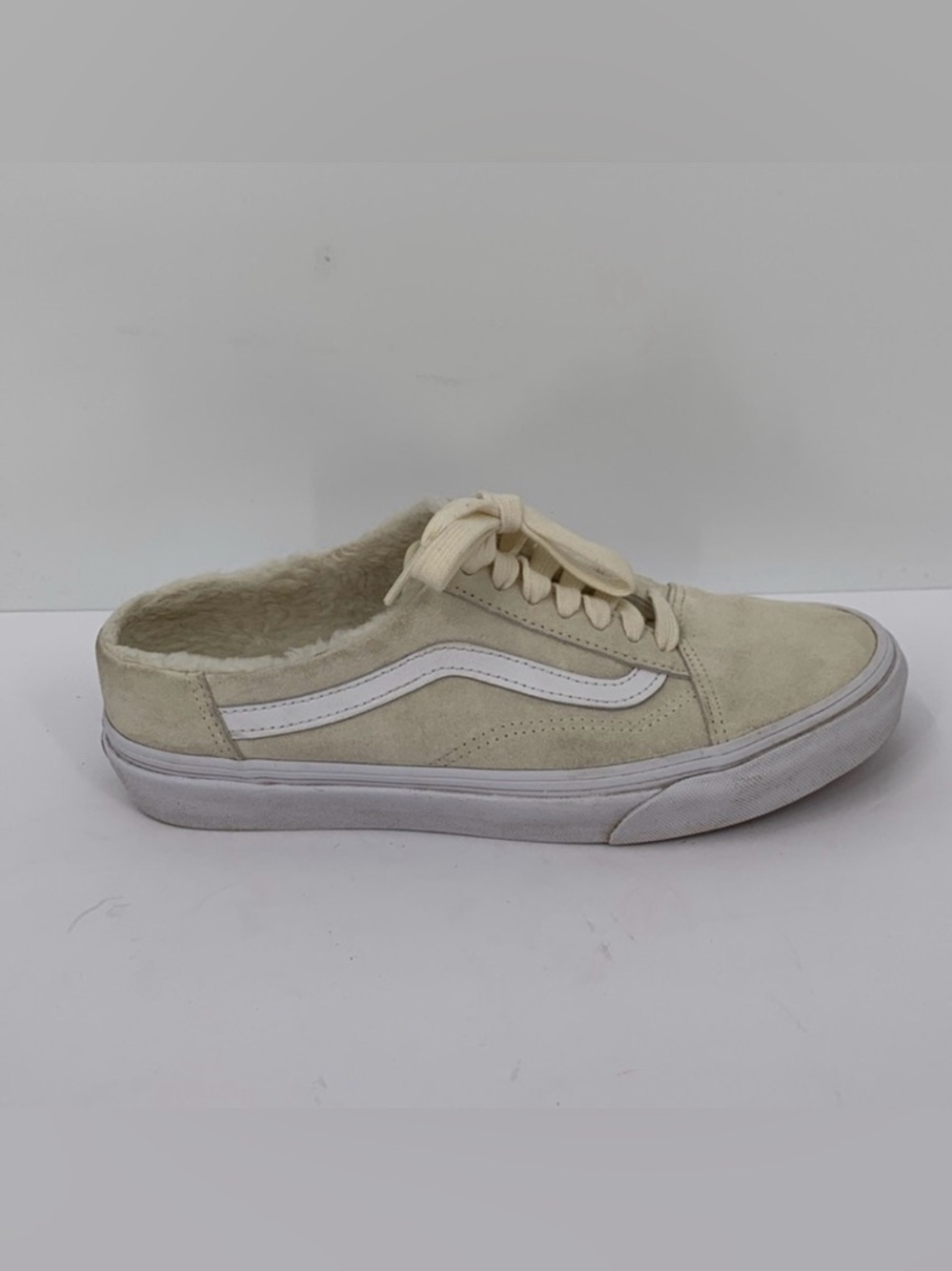Vans Off the Wall Old Skool Sneaker shoe mule suede faux fur cream slide 8.5